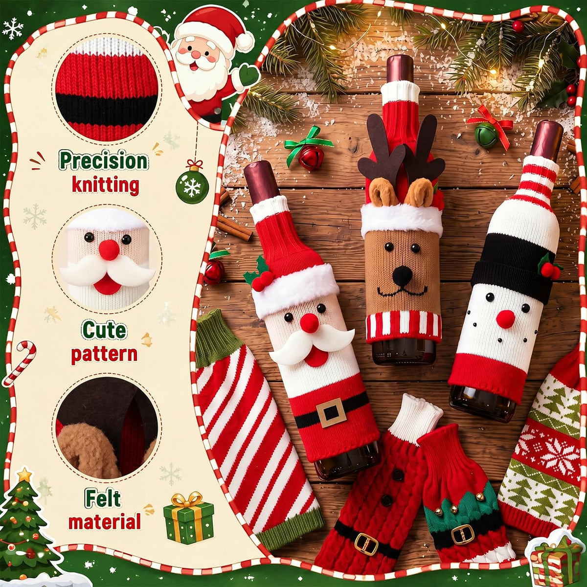 MerryCharm Christmas Bottle Sweater & Hat Set – 3 Pack