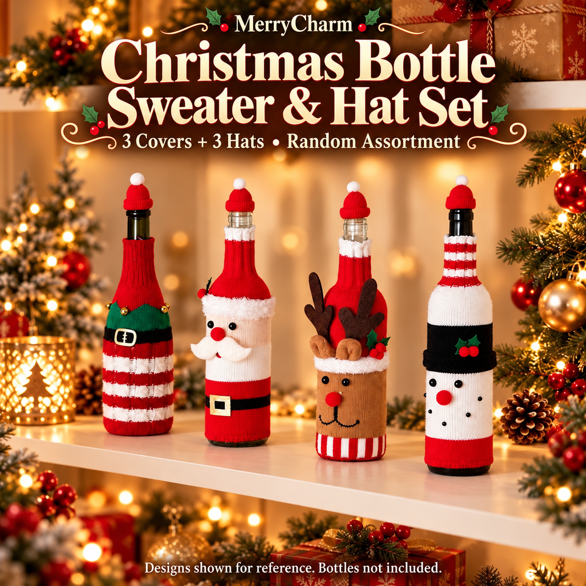 MerryCharm Christmas Bottle Sweater & Hat Set – 3 Pack