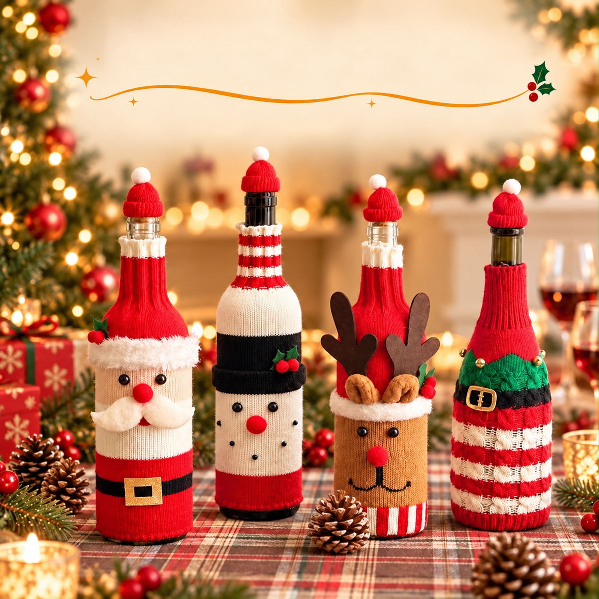 MerryCharm Christmas Bottle Sweater & Hat Set – 3 Pack